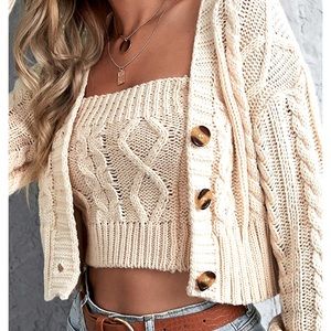 Sweater set tube top and cropped cable knit cardigan